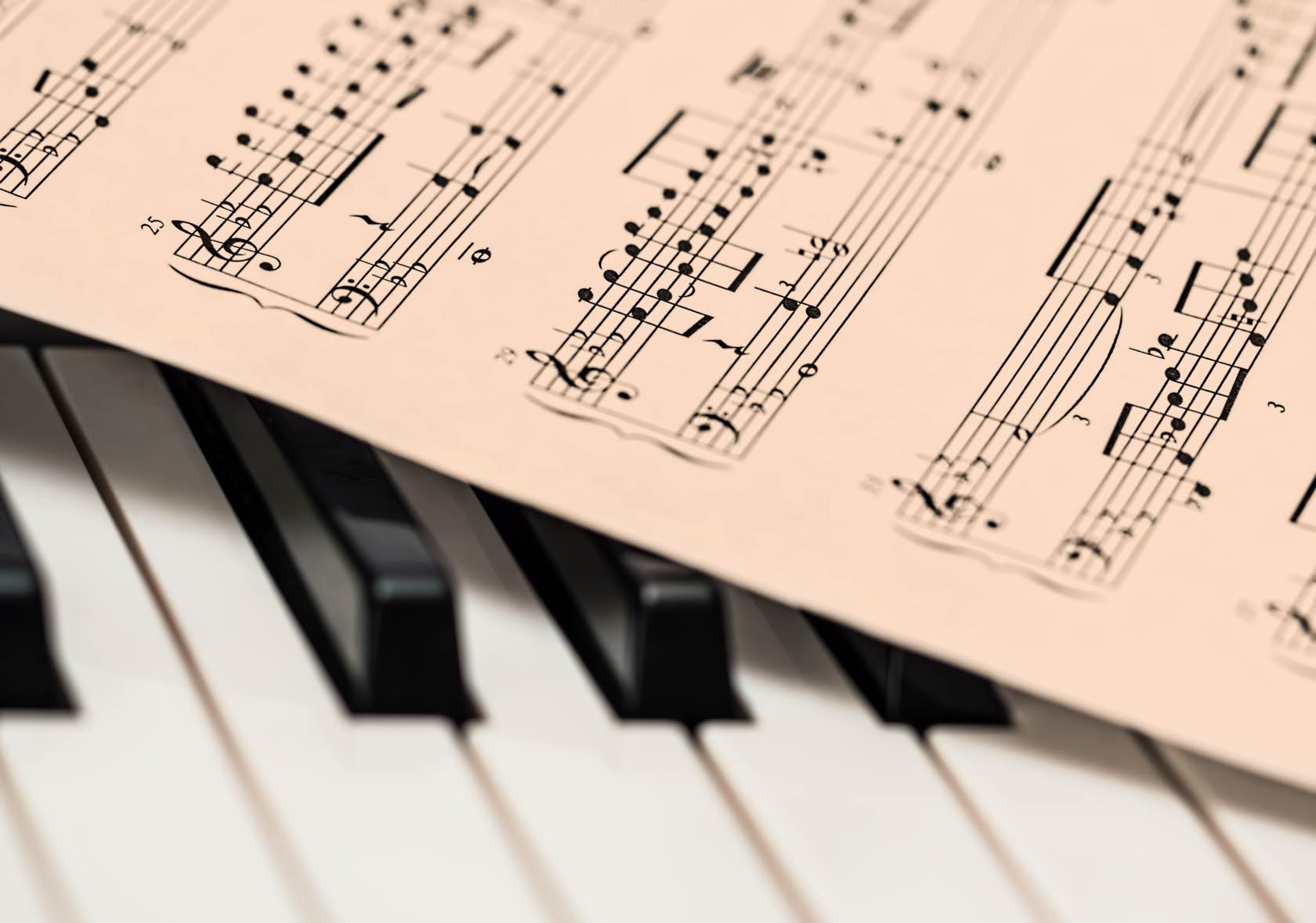 Sheet music on piano keys